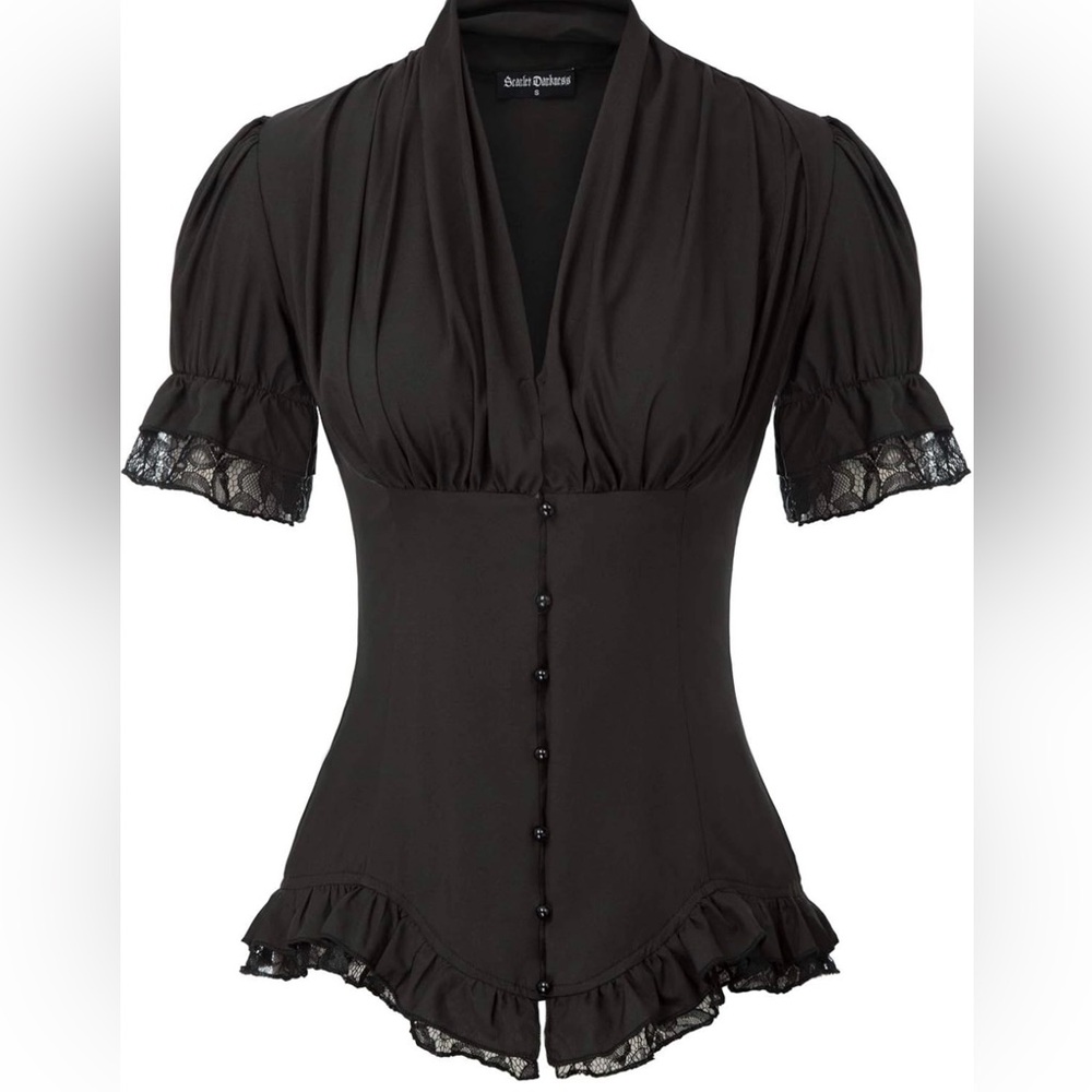 Chic Black Button-Up Blouse with Lace Details